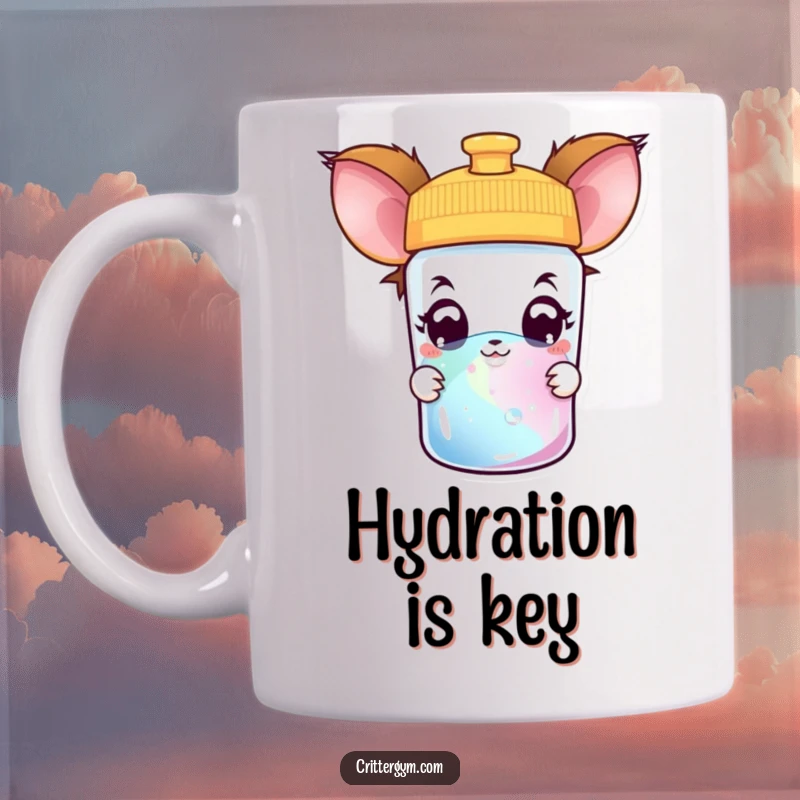 Funny creature mug featuring a curious creature with wide, amazed eyes peeking into a colorful water bottle, looking intrigued.