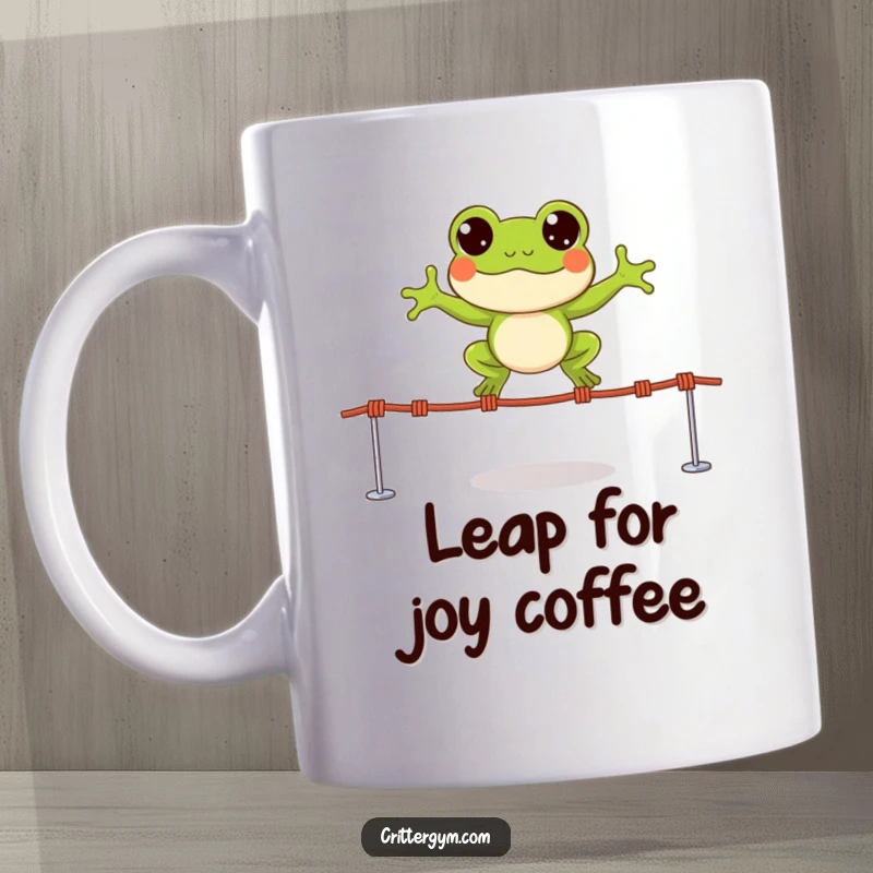 Funny mug with a small, happy frog character leaping over tiny jump ropes with wide, excited eyes, full of energy.
