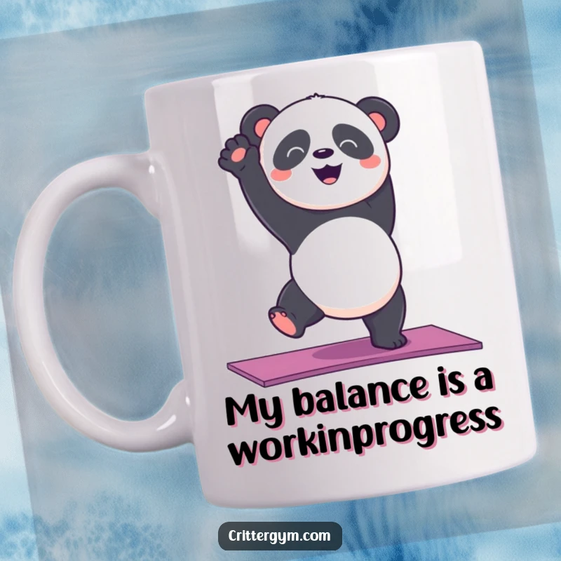 Funny panda bear doing a wobbly handstand on a yoga mat, expressing effort and humor on a coffee mug.