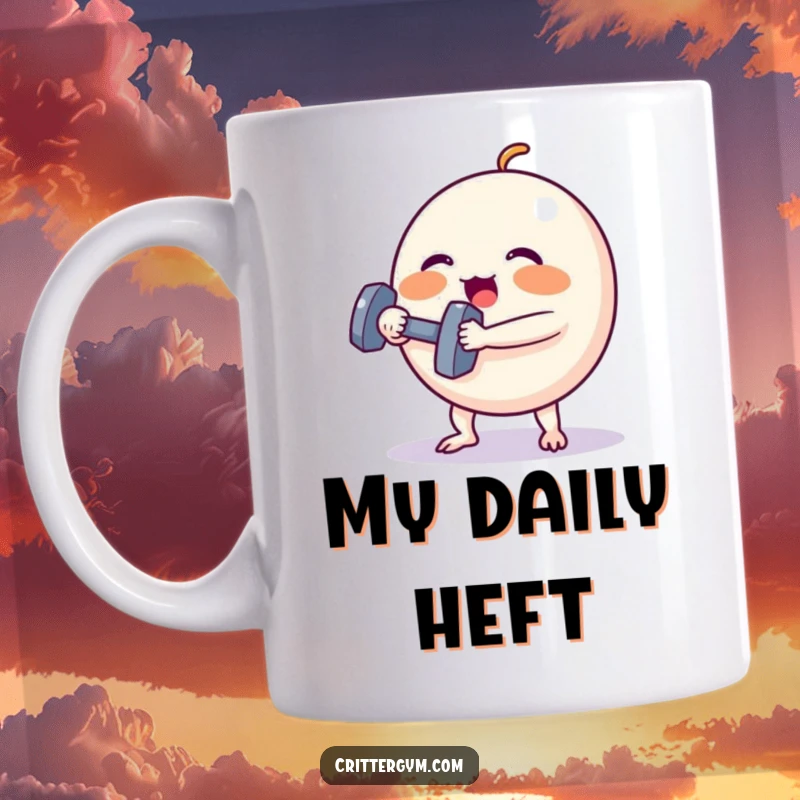 Funny Mug: A tiny, round creature strains to lift a small dumbbell, cheeks red with effort, showcasing a humorous take on fitness.