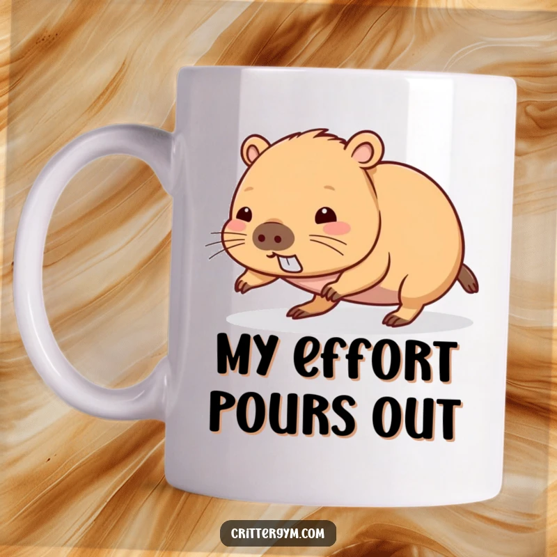 Funny kawaii capybara character straining to do a push-up on a mug, showing great effort, a funny gift.