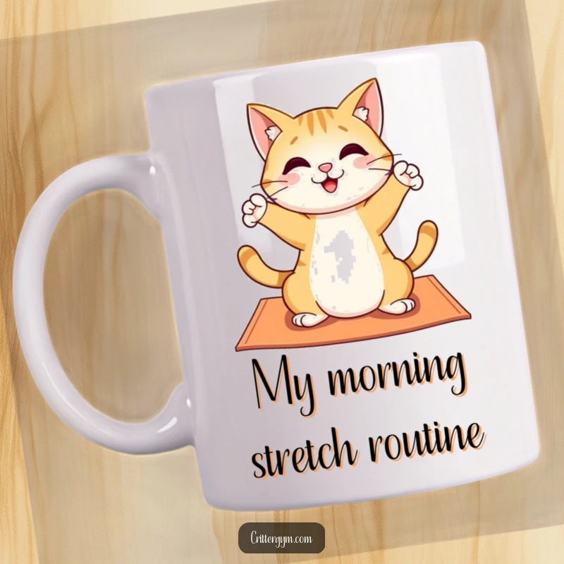 Funny mug showcasing a cheerful cat character doing a playful yoga stretch on a mat, embodying relaxation and humor.