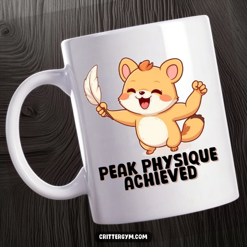 Funny Mug: A small animal character joyfully flexes a tiny, muscular arm after lifting a feather, showcasing ironic strength.