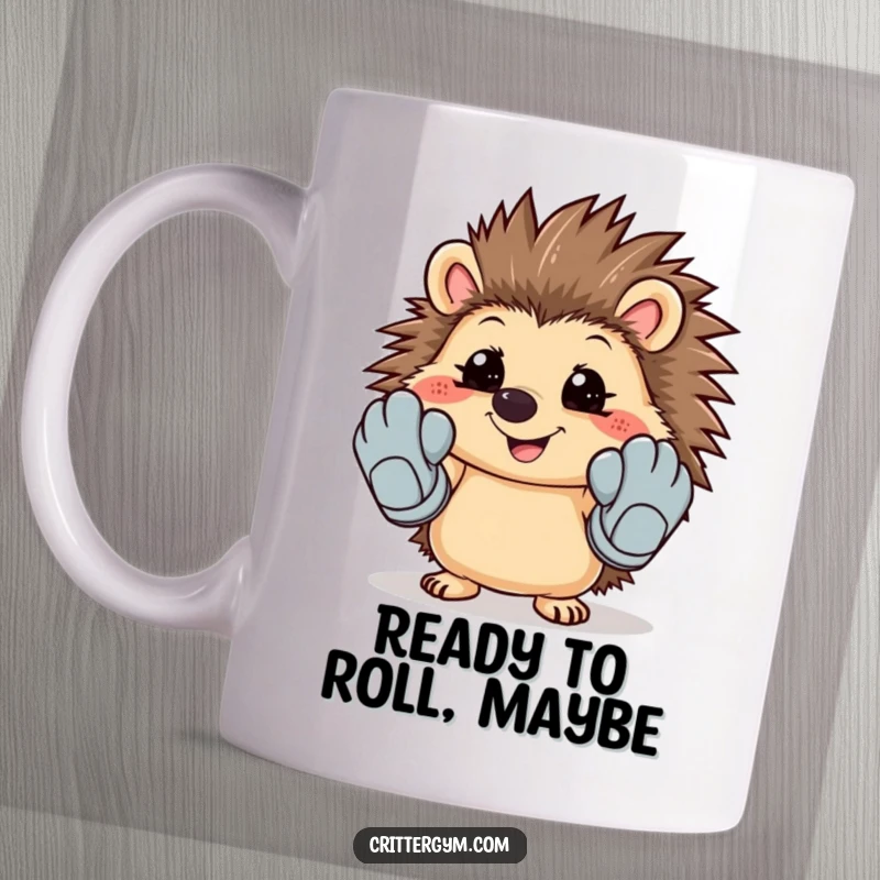 Funny smiling hedgehog trying on comically large workout gloves, ready for a mug.