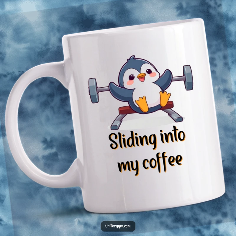 Funny mug featuring a silly penguin character joyfully sliding down a weight bench with an ecstatic, wide-eyed expression.