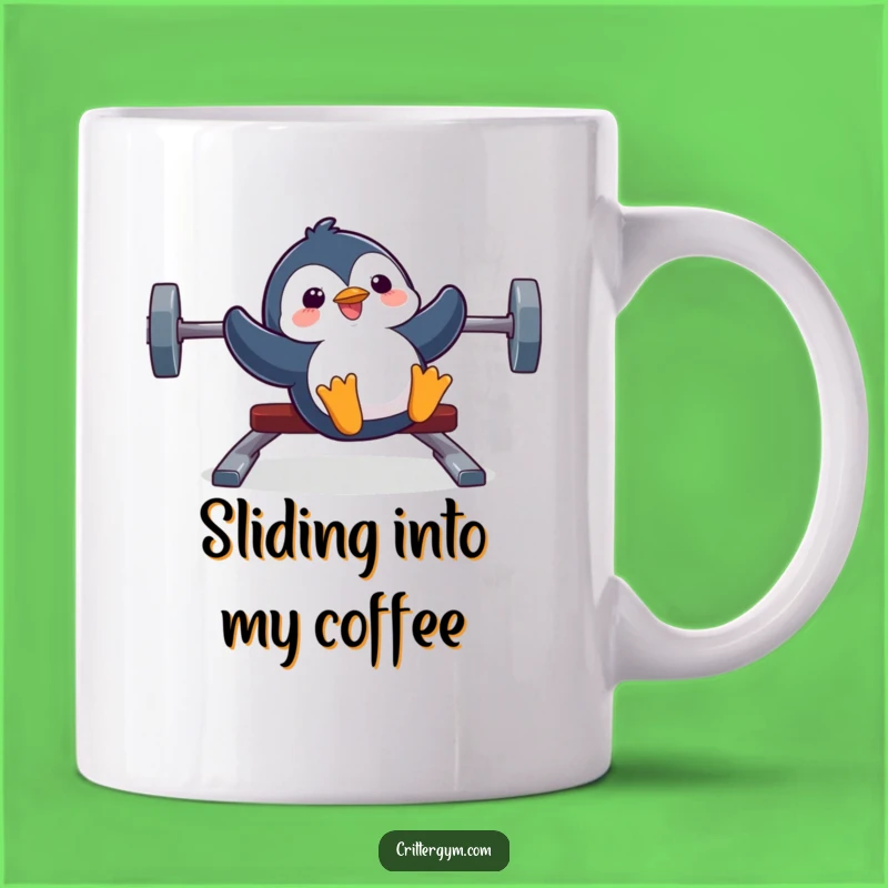 Funny Penguin Gym Mug: Penguin Sliding Weight Bench, Hilarious Fitness Gift