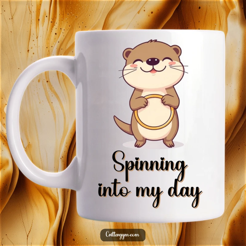 Funny grinning otter mug, joyfully spinning a tiny hula hoop, representing fun and carefree spirit, great funny gift.