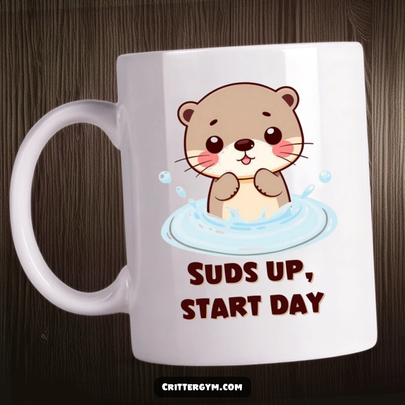 Funny Kawaii otter character gleefully splashing water in a small wading pool, a humorous water-themed illustration for mugs.