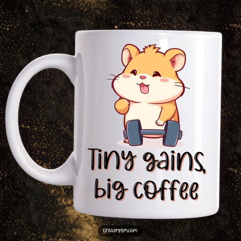 Funny tiny energetic hamster character determinedly pumping a miniature dumbbell on a ceramic mug, a great funny gift.