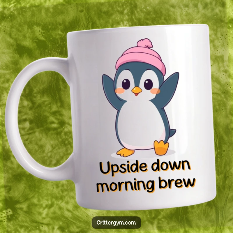 Funny mug featuring a silly penguin character attempting a handstand with surprised concentration, highlighting its balancing act.