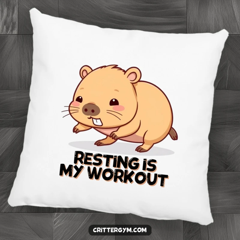 Funny kawaii capybara character attempting a push-up on a soft pillow, a cute funny gift.