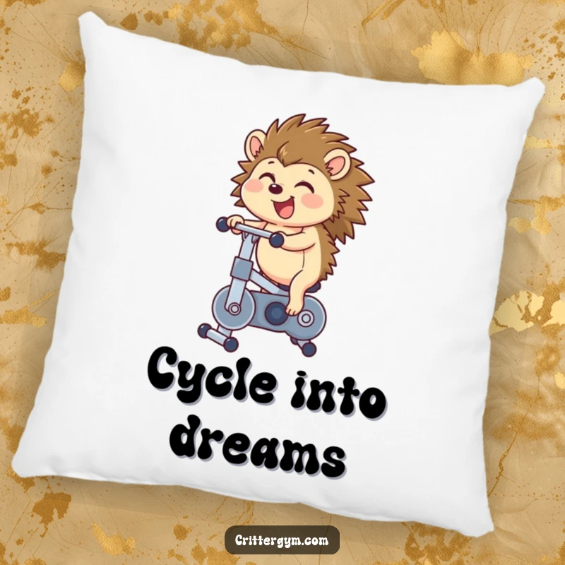 Funny hedgehog pillow showing a happy hedgehog bouncing on a miniature exercise bike, bringing cheerful energy and humor to your decor.
