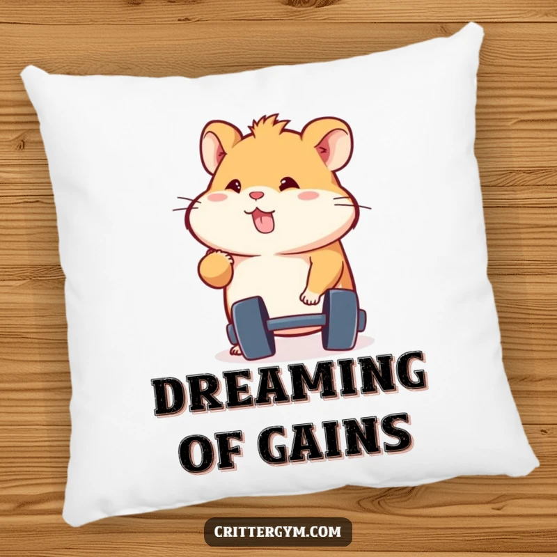 Funny energetic hamster character determinedly lifting a dumbbell, on a soft, decorative pillow, an adorable funny gift.