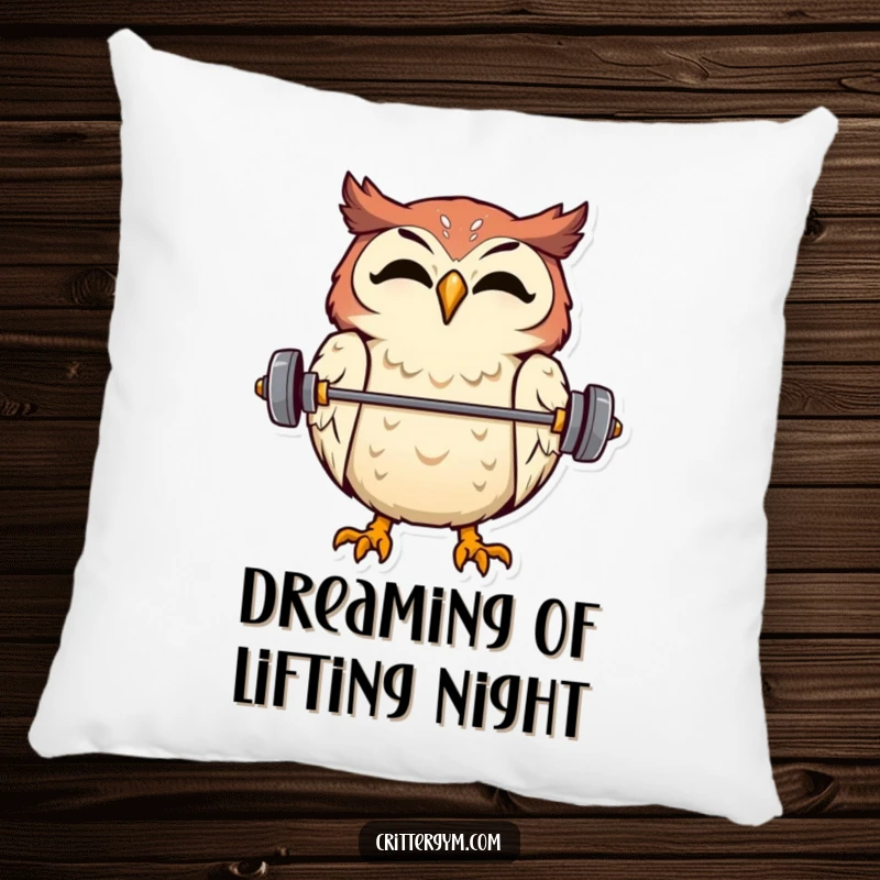 Soft pillow featuring a funny illustration of an overjoyed owl balancing a tiny barbell on its beak.