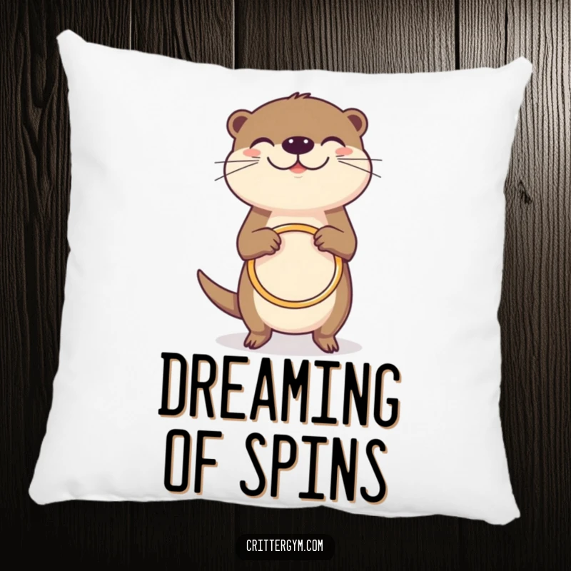 Funny grinning otter pillow, joyfully spinning a tiny hula hoop, soft and decorative, promoting happiness, funny gift.
