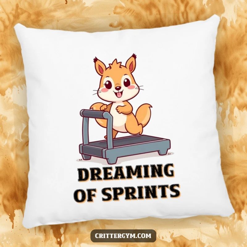 Funny Kawaii squirrel character on a miniature treadmill, a soft and humorous decorative pillow for sofas.
