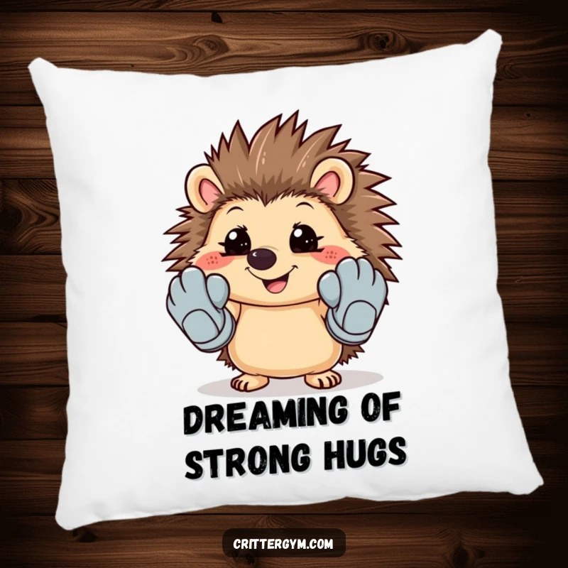 Soft pillow featuring a funny illustration of a smiling hedgehog trying on oversized workout gloves.