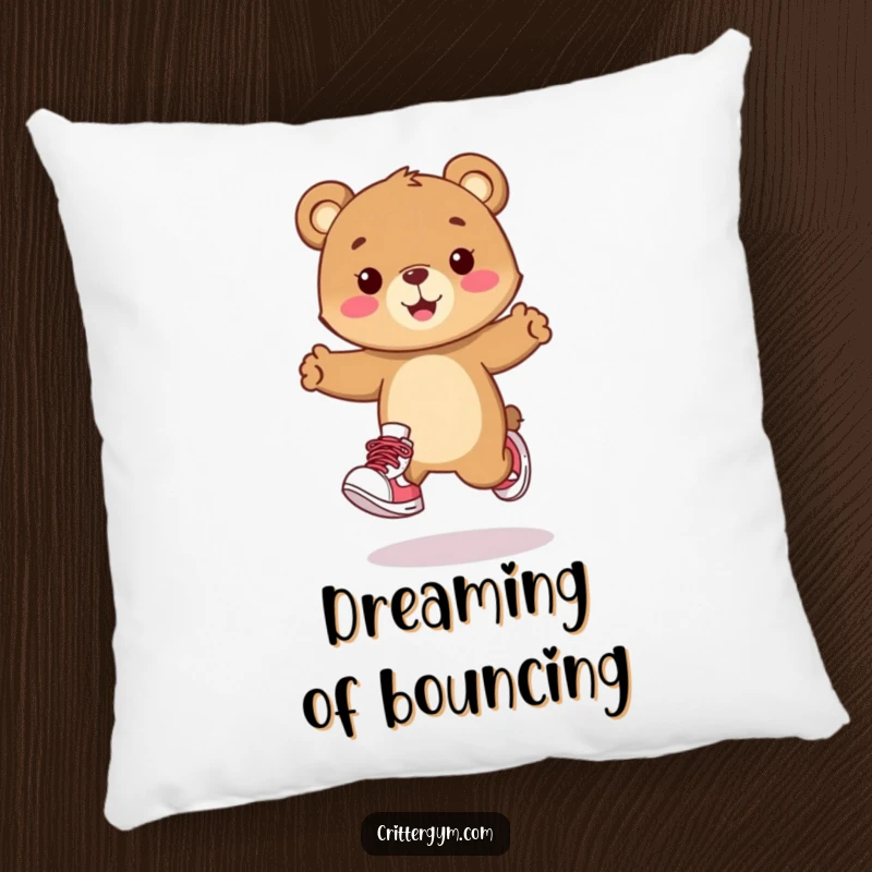 Funny pillow depicting a happy bear cub character in little sneakers, doing a playful hop. Soft and humorous accent.