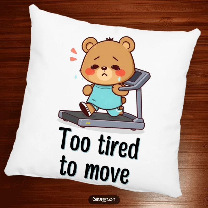 Funny pillow illustration of a small bear character, sweating and running on a treadmill with a determined smile, bringing cheerful energy to any room.