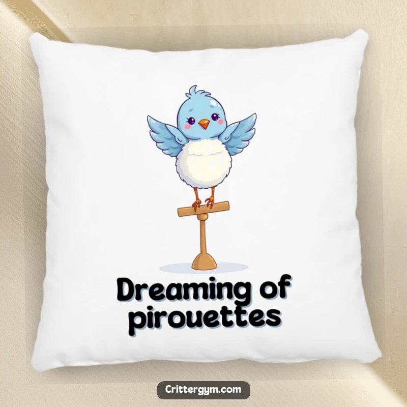 Cute fluffy blue bird in a graceful ballet pose on a balance beam, printed on a soft and humorous pillow.