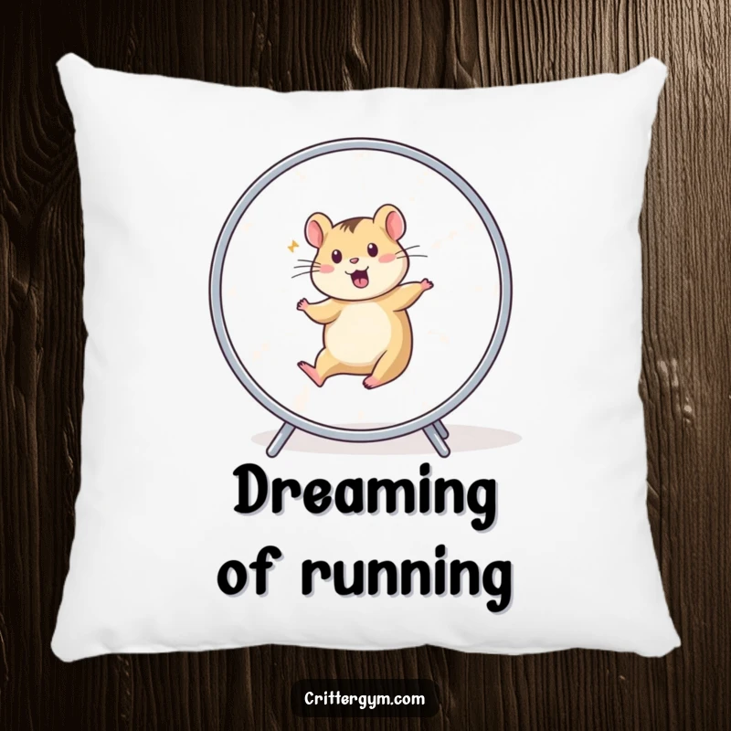 Funny Pillow: A small animal character in a blur of motion, running on a hamster wheel.