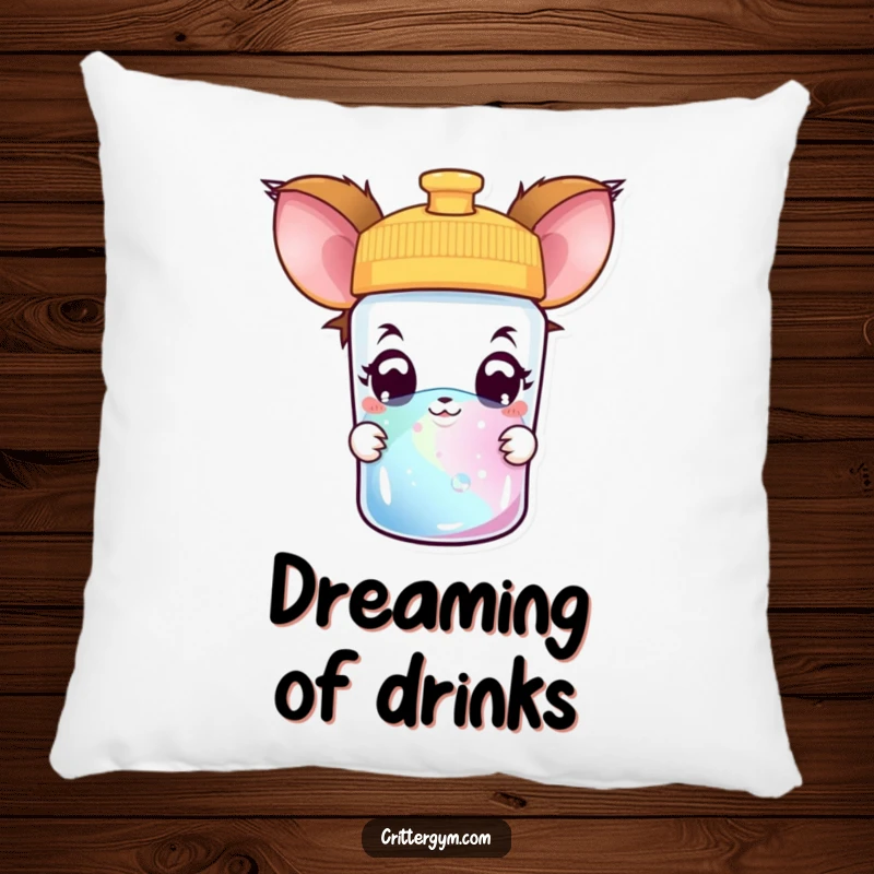 Funny creature pillow showcasing a curious creature with wide, amazed eyes peeking into a colorful water bottle, offering comfort and whimsy.