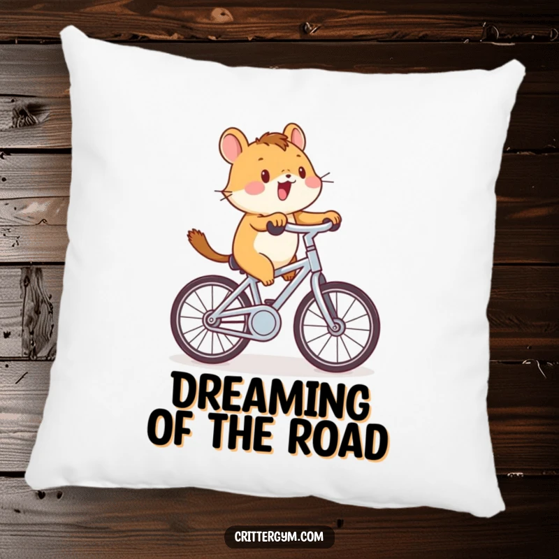Funny critter cycling pillow with a small animal enthusiastically pedaling a tiny stationary bicycle, offering comfort and playful energy.