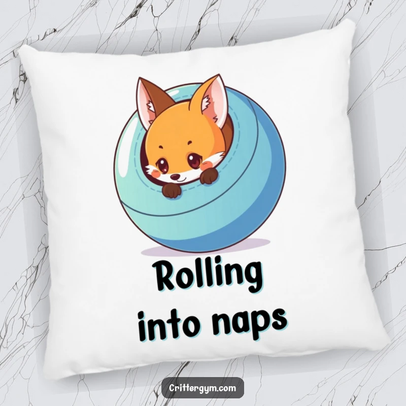 Funny and soft pillow featuring a curious fox peeking from behind a colorful exercise ball, adding playful humor.