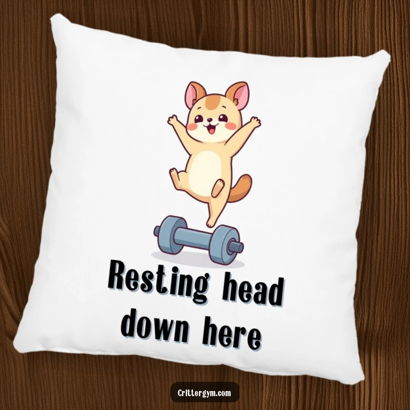Funny handstand animal pillow featuring a tiny character in a handstand pose on a small dumbbell, offering comfort and humor.