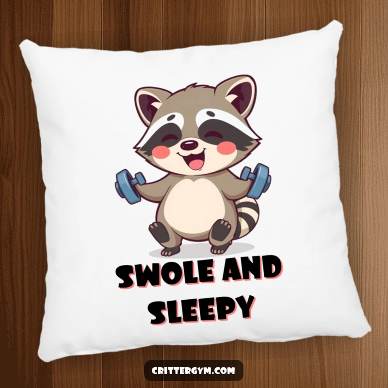 Funny Kawaii raccoon character giggling while lifting small barbells, making this plush pillow incredibly fun and motivating.