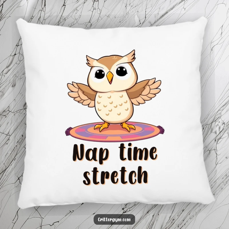 Funny owl pillow showing a beaming owl attempting the splits on a colorful mat, adding a touch of humorous flexibility to any space.