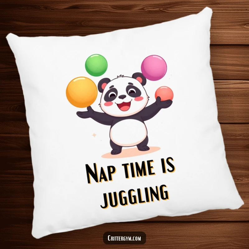 Funny pillow depicting a cheerful panda bear gleefully juggling large yoga balls, providing a humorous and cozy decorative accent.