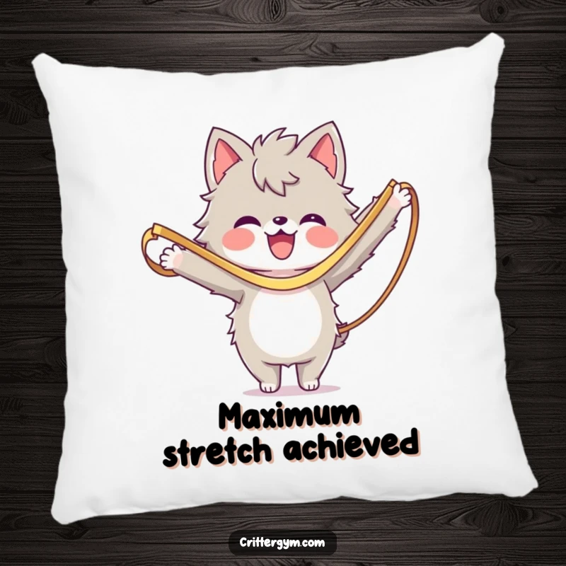 Funny Pillow: A furry character doing a resistance band stretch, ideal for humorous home decor.