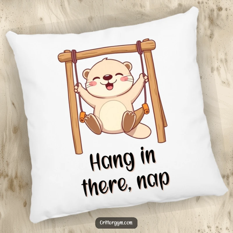 Funny pillow featuring a playful otter character joyfully swinging on a miniature monkey bar, providing comfort and humor.