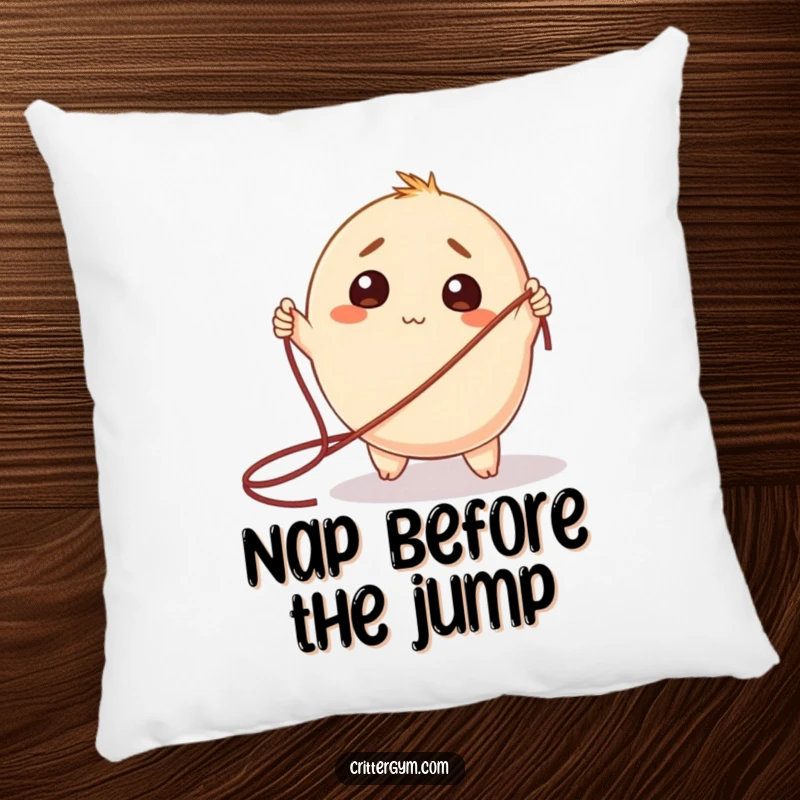 Funny Pillow: A round creature looking sweetly perplexed with a giant jump rope, for humorous decor.