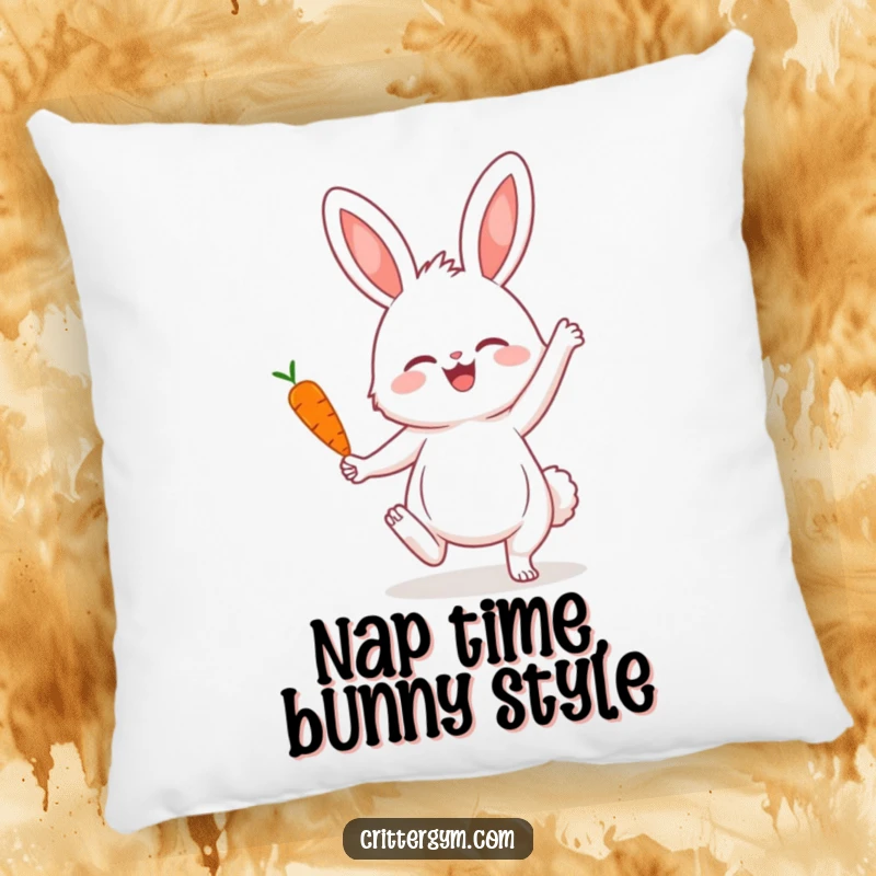 Funny pillow featuring a fluffy bunny in a serene yoga pose, successfully balancing a small carrot, adding a touch of lightheartedness to any room.