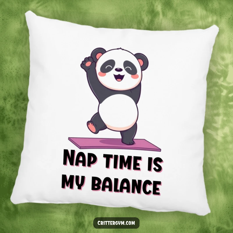 Funny and cute panda bear attempting a handstand on a yoga mat, printed on a soft and humorous pillow.