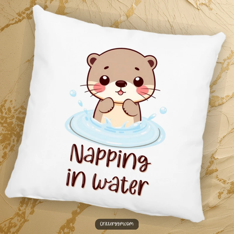 Funny Kawaii otter character splashing in a small wading pool, a soft and humorous decorative pillow.
