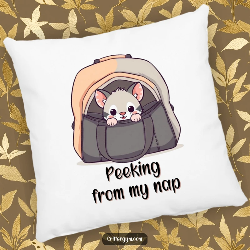 Funny curious critter gym bag pillow with a small animal cautiously peeking into a large bag, offering comfort and a humorous display.
