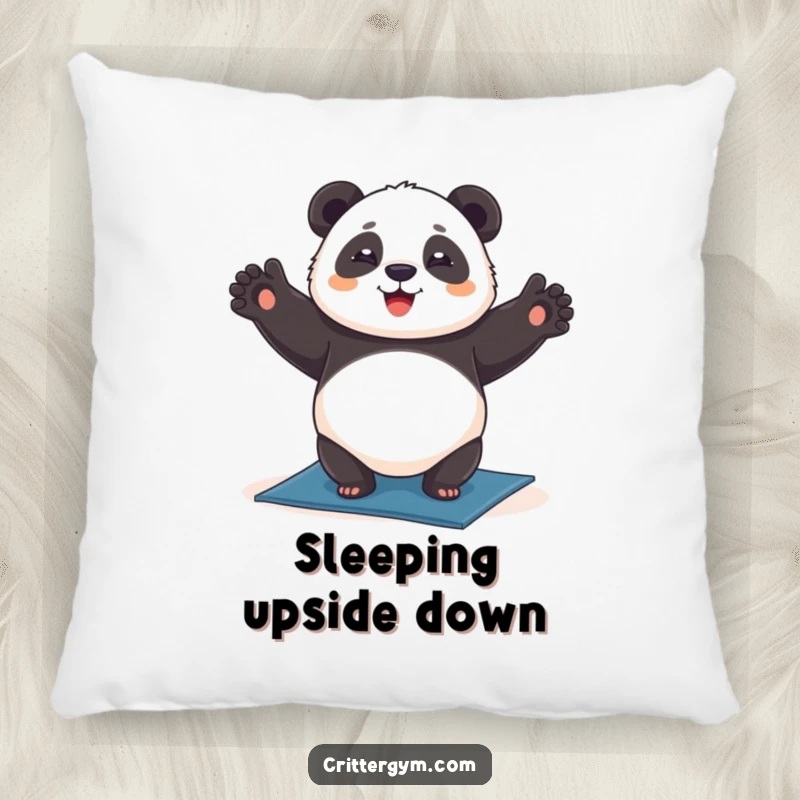 Funny chubby panda pillow, happily doing a headstand on a yoga mat, soft and decorative, promoting calm, funny gift.