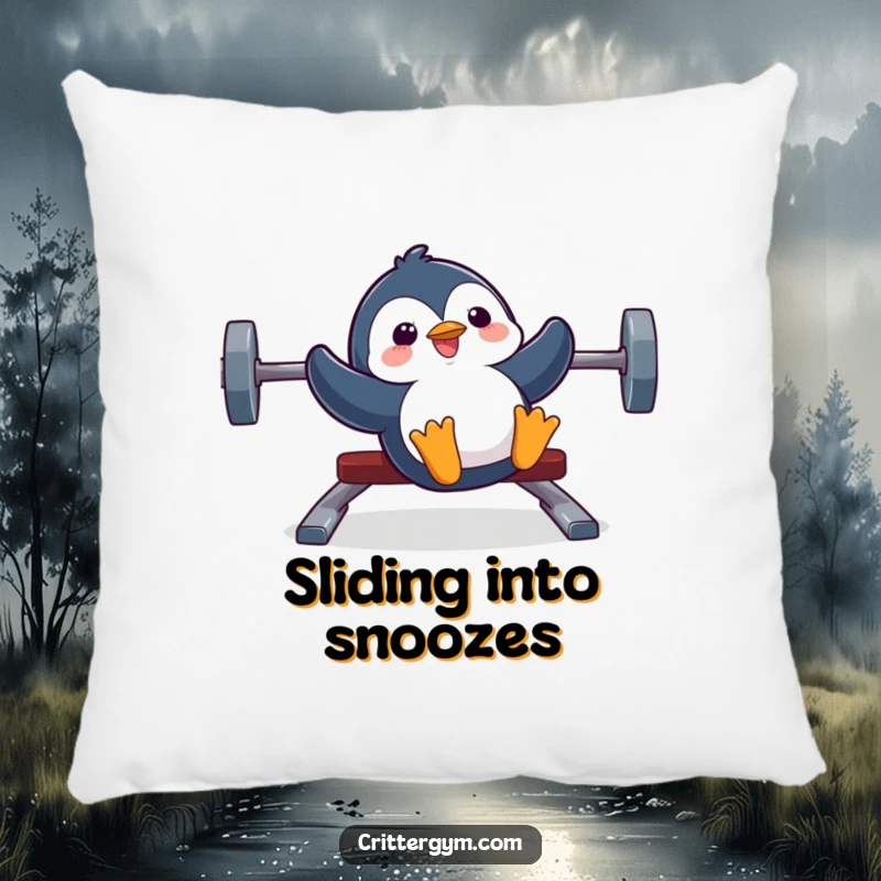 Funny pillow showcasing a silly penguin sliding down a weight bench with an expression of pure, unadulterated joy.