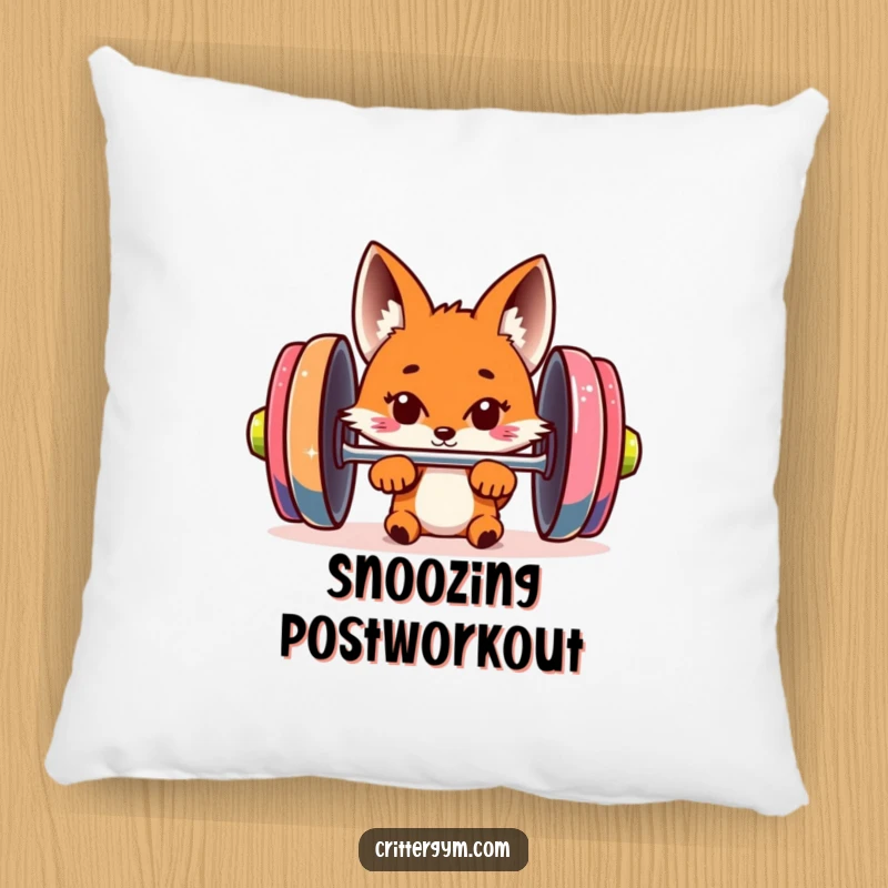 Funny fox pillow featuring a curious fox peeking from behind an oversized barbell, ideal for adding comfort and humorous fitness vibes.