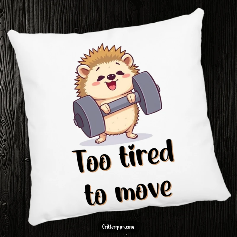 Funny determined hedgehog pillow straining to lift a heavy dumbbell, face showing effort and joy, offering a cute and motivating decorative touch, splendid for a present.