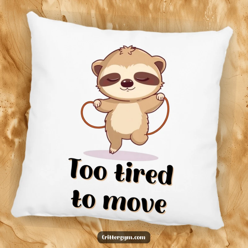Funny sloth pillow, depicting a sleepy sloth attempting jump rope in slow motion, a soft and humorous home accent.