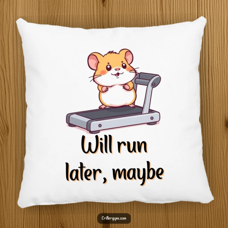 Cute and energetic hamster mid-run on a miniature treadmill, depicted on a soft and humorous pillow.