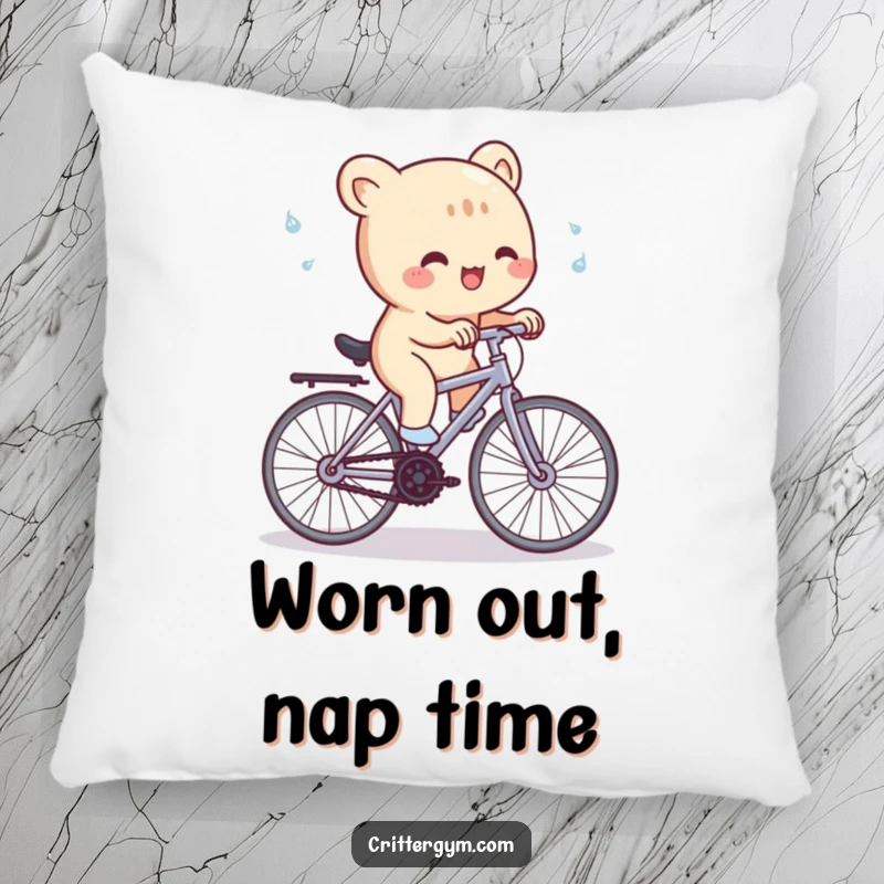 Funny Pillow: A cute creature gleefully pedals a tiny stationary bicycle, with sweat droplets flying, showing humorous cycling.