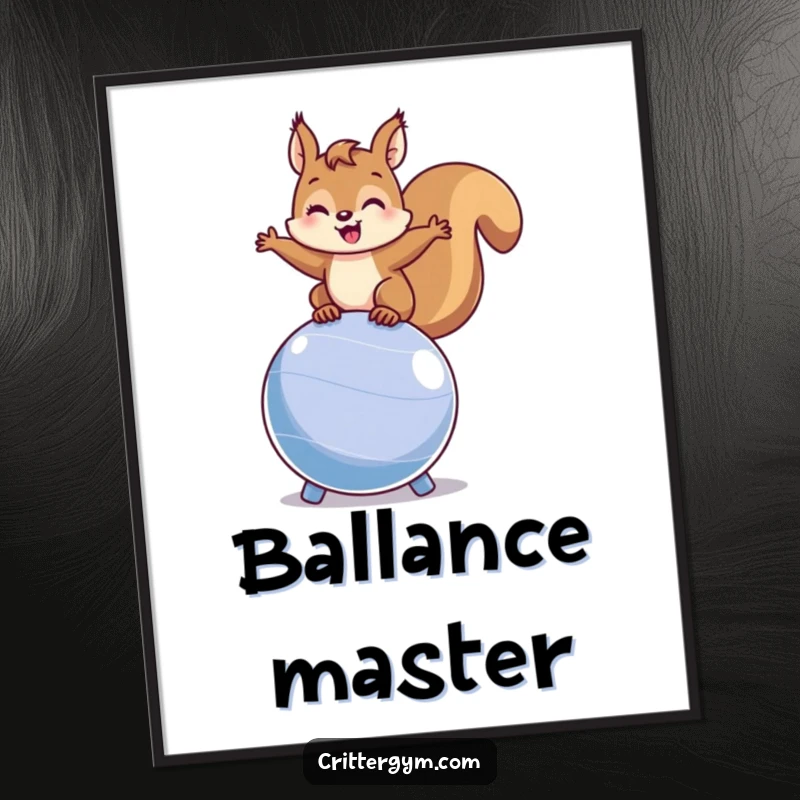 Funny squirrel digital art print of a happy squirrel balancing on a bouncing fitness ball, instantly downloadable for energetic decor.