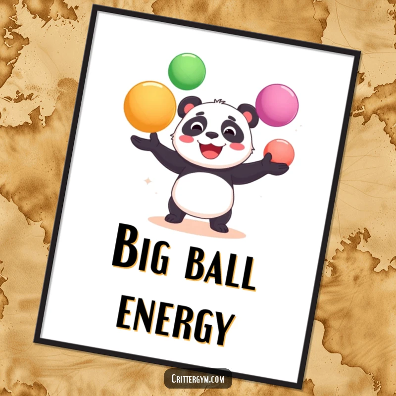 Funny digital art print of a cheerful panda bear gleefully juggling oversized yoga balls, a comical and lively illustration.