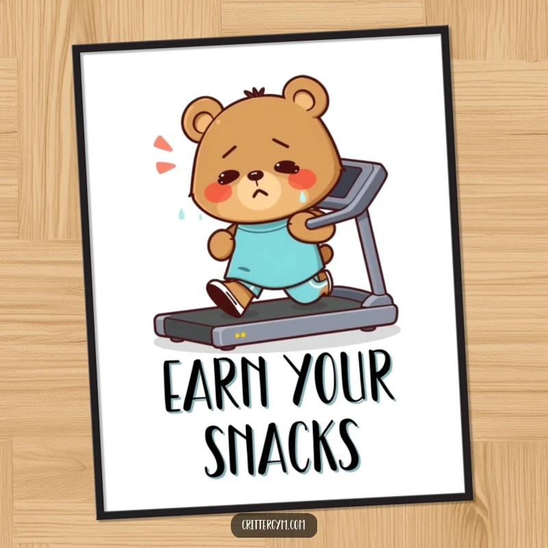 Funny digital art print of a small bear character running on a treadmill, covered in sweat but smiling determinedly, offering visual workout motivation.