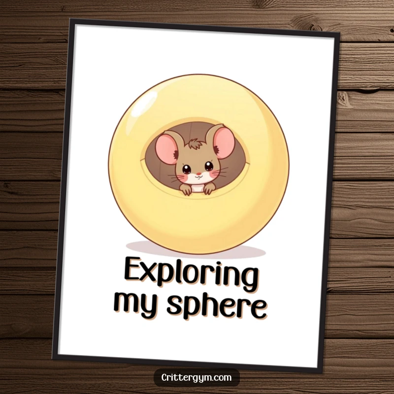 Funny digital art print of a curious mouse peeking from a deflated exercise ball, capturing a humorous moment of exploration.